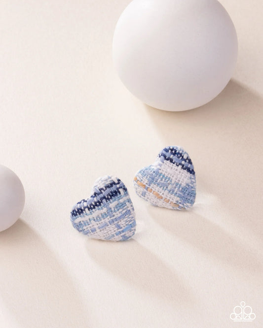 Sweetheart Stitching - Blue Tweed Heart Post Earrings Paparazzi 2025 Convention Exclusive E3005