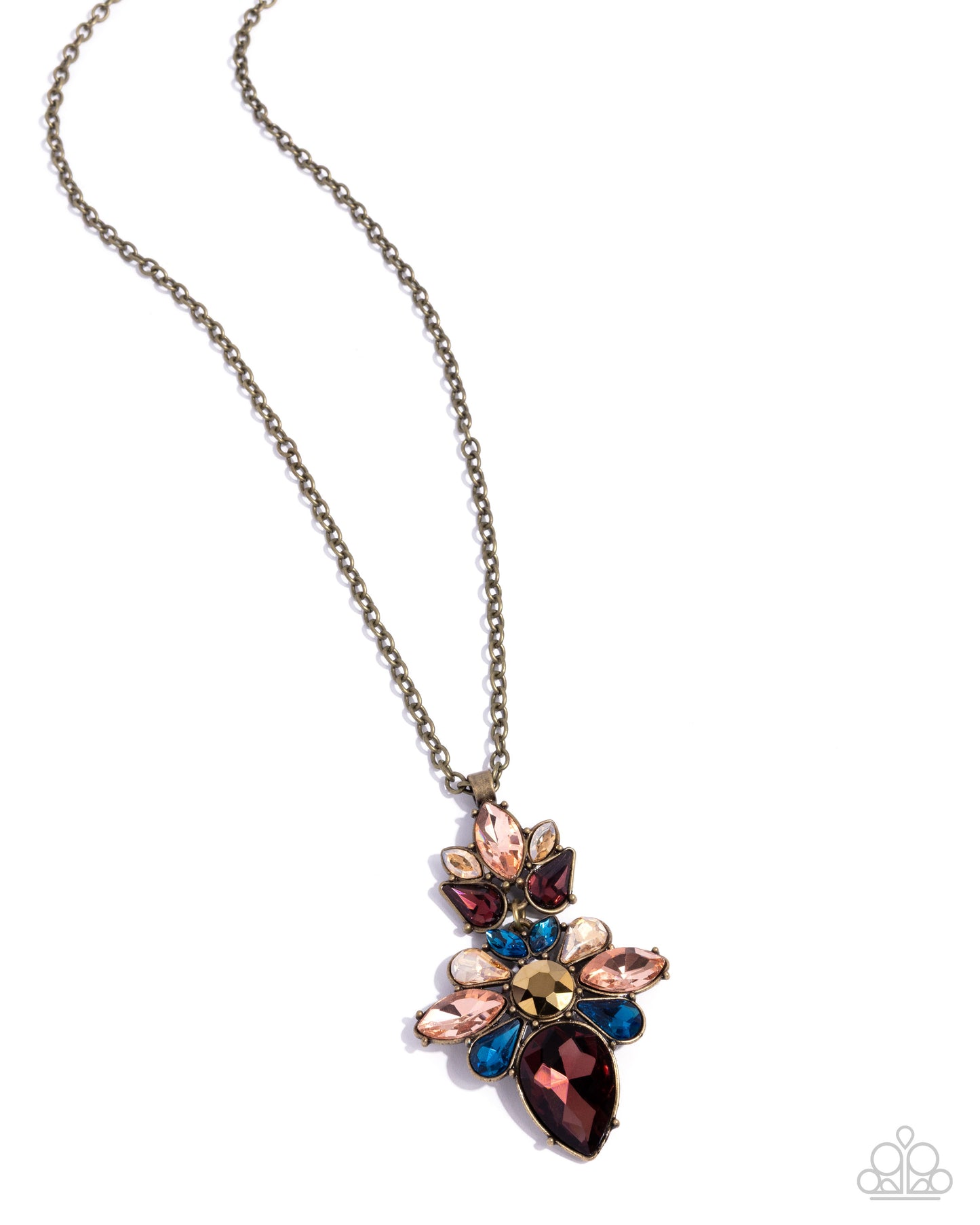 Paparazzi Elite Etiquette - Brass, Burgundy, Peach, Topaz, Sapphire & Aurum Gem Pendant Necklace N3784