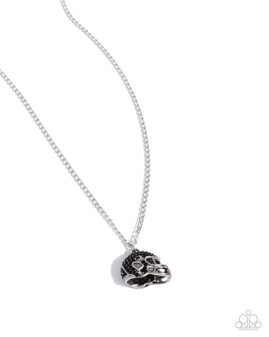Quarterback Chic - Black Rhinestone Silver Football Sport Helmet Necklace Paparazzi N3648
