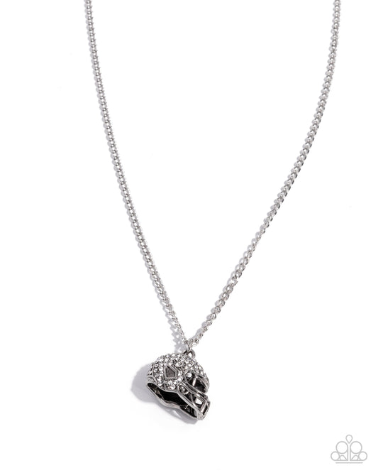 Quarterback Chic - White Rhinestone Silver Football Helmet Necklace Paparazzi