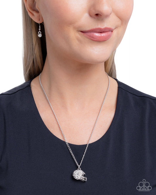 Quarterback Chic - White Rhinestone Silver Football Helmet Necklace Paparazzi