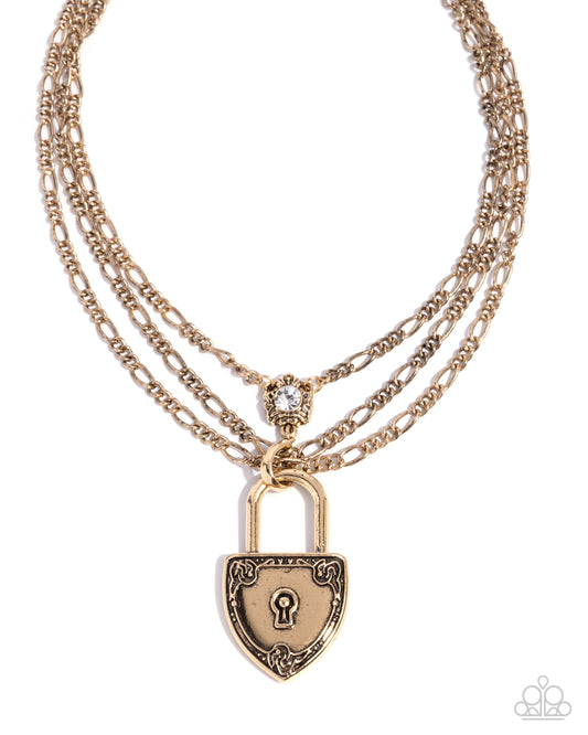 LOCK Show - Gold Padlock Antiqued Singapore Chain Necklace Paparazzi 2025 Convention Exclusive N3521