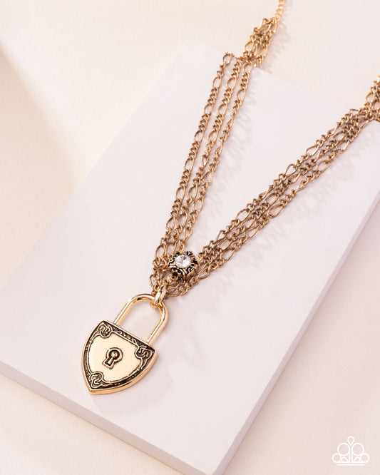 LOCK Show - Gold Padlock Antiqued Singapore Chain Necklace Paparazzi 2025 Convention Exclusive N3521
