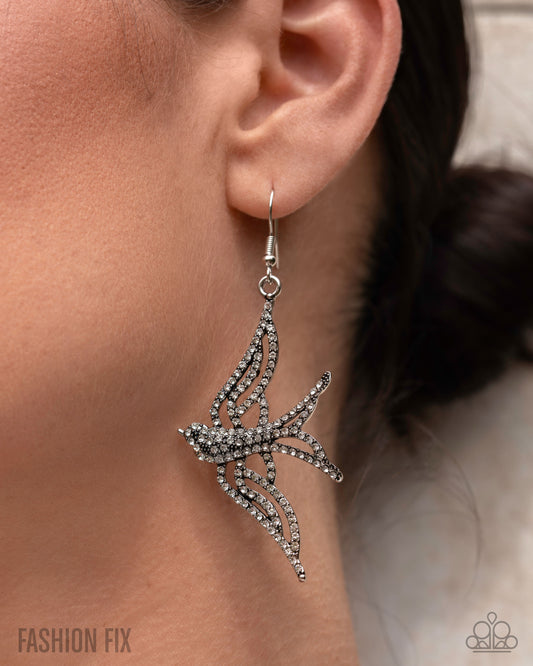 Show Me The World - White Rhinestone Silver Sparrow Earring Sunset Sightings Fashion Fix August 2025 Paparazzi E3100