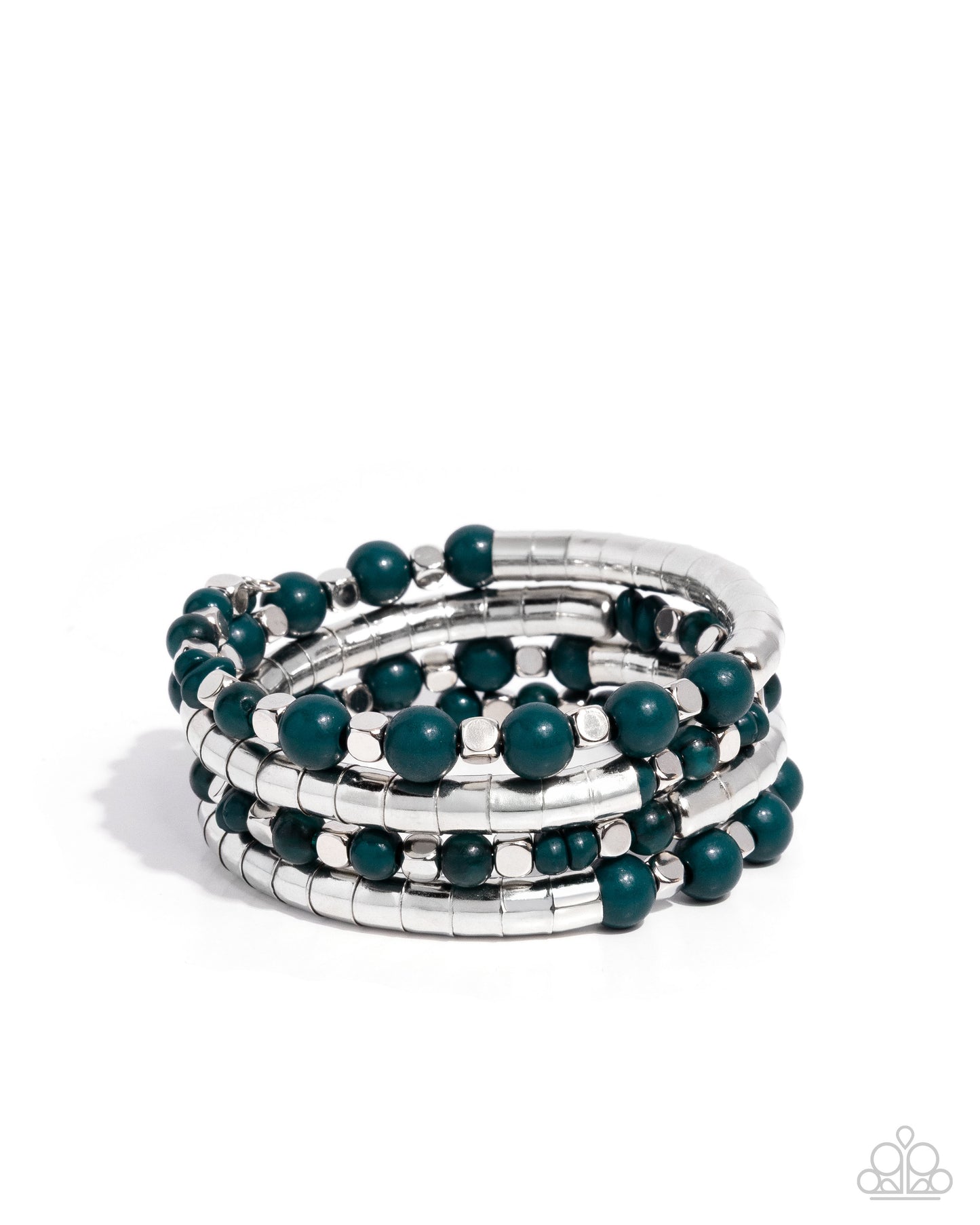 Paparazzi The Rite of Color - Green Emerald & Silver Bead Coil Bracelet B2511