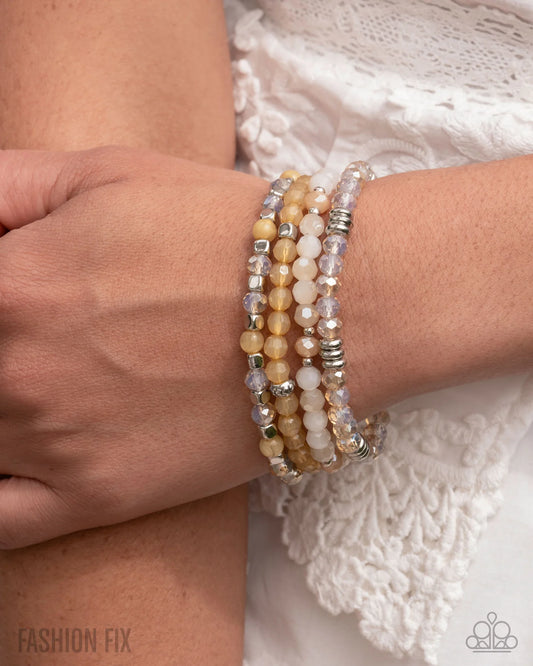 Colorful Commute - Multi Yellow White Silver Bead Stretch Set Of 4 Bracelet Sunset Sightings August 2025 Fashion Fix Paparazzi B2432