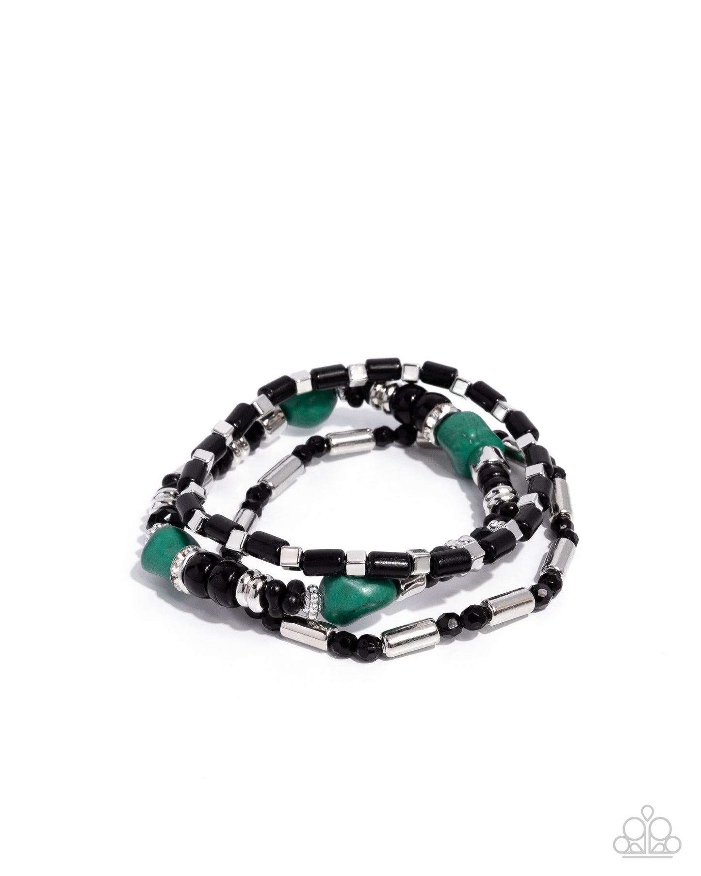 Paparazzi Canyon Caution - Green Stone, Black Bead Set Of Three Stretch Bracelet Set