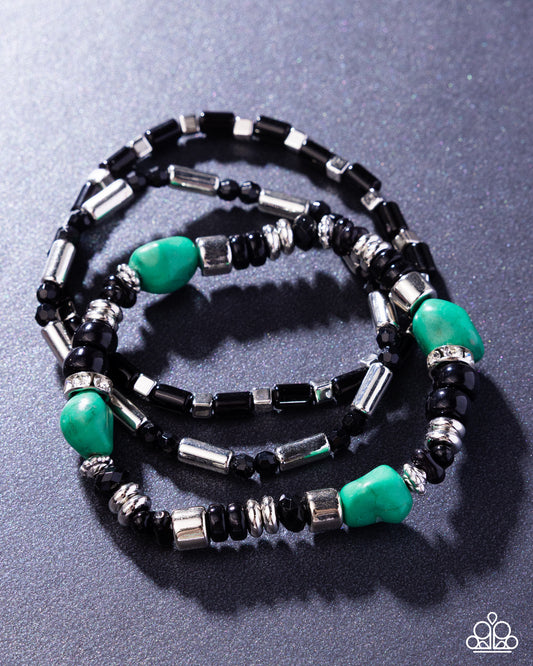 Paparazzi Canyon Caution - Green Stone, Black Bead Set Of Three Stretch Bracelet Set