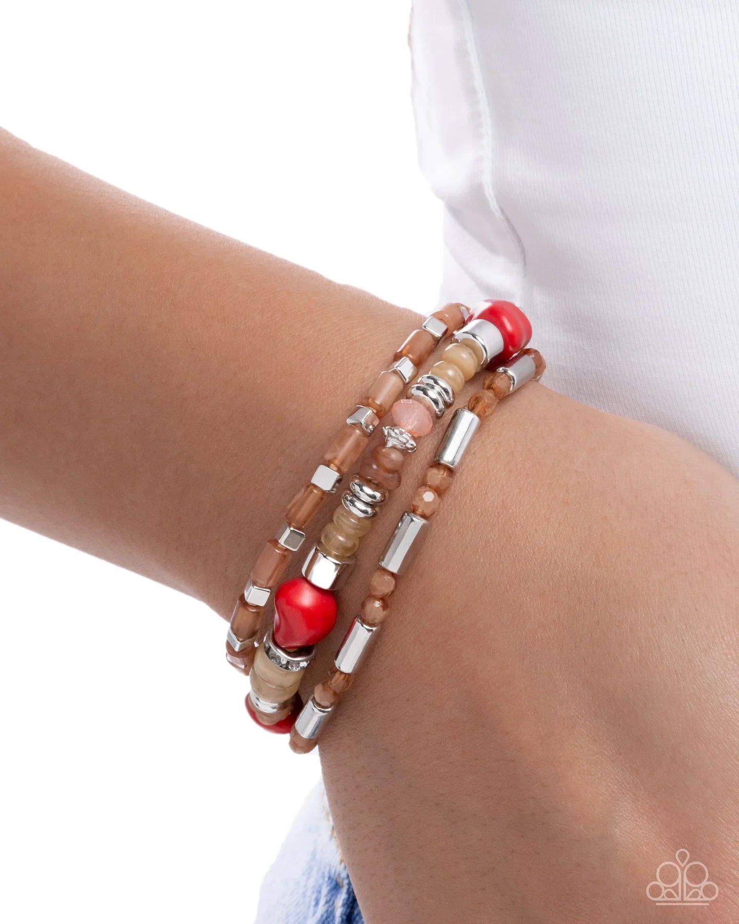 Paparazzi Canyon Caution - Red Stone, Brown, Silver Bead Stretch Set Of Three Bracelets B2657
