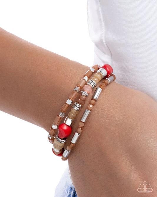 Paparazzi Canyon Caution - Red Stone, Brown, Silver Bead Stretch Set Of Three Bracelets B2657