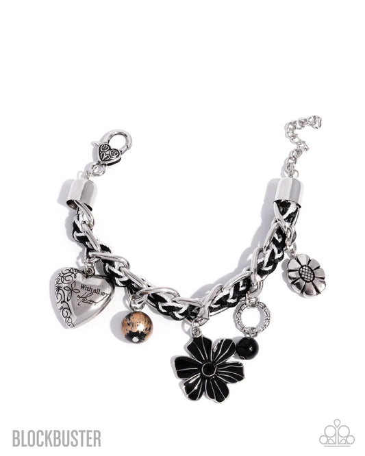Equally Enchanted - Black Cord Silver Heart Charm Bracelet - Blockbuster 2025 Exclusive - Paparazzi B2436