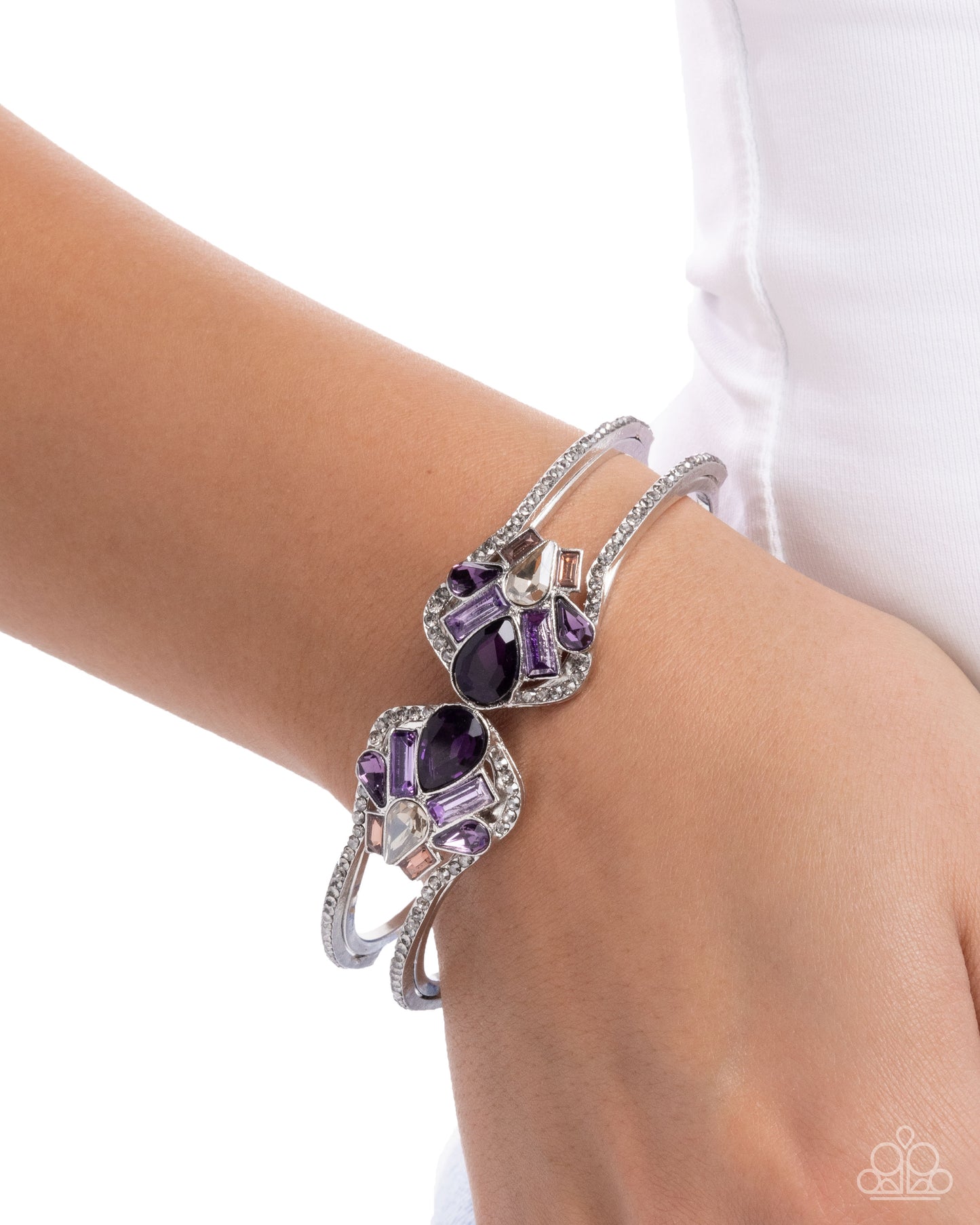 Paparazzi Cosmopolitan Catwalk - Purple, Peach, Champagne Gem & Smoky Rhinestone Hinged Bracelet B2553