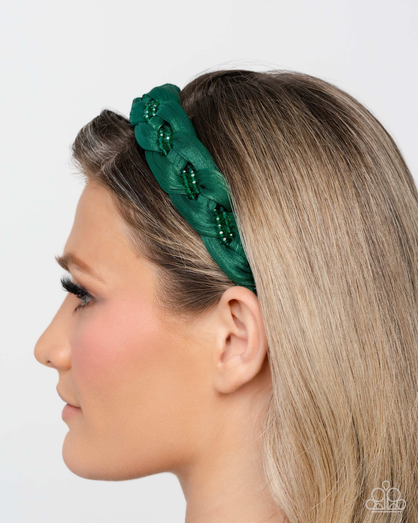Beaded Boarding School - Green Emerald Beaded Braided Ribbon Headband Paparazzi H0233