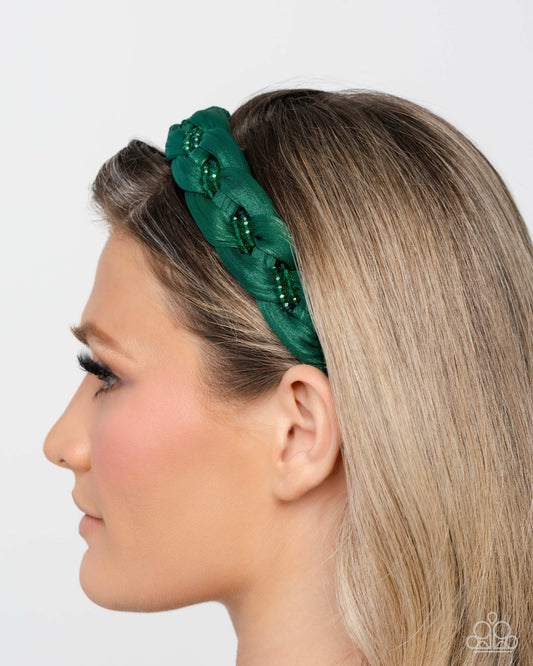Beaded Boarding School - Green Emerald Beaded Braided Ribbon Headband Paparazzi H0233