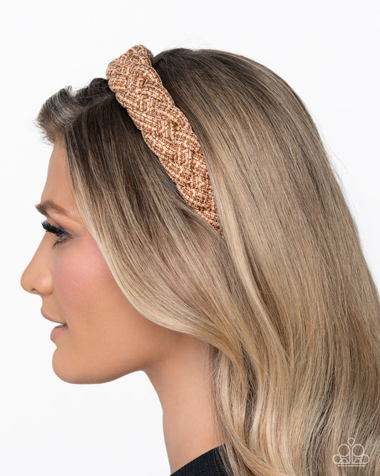 Braided Bombshell - Brown & White Tweed Braided Headband Paparazzi H0234
