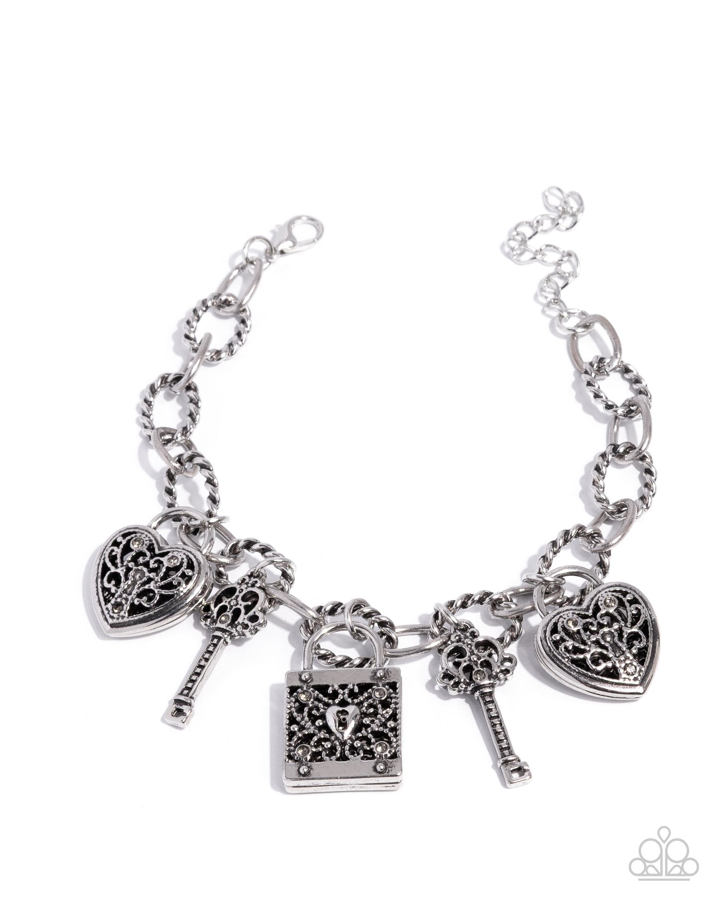 Flirty Filigree - Silver Heart Padlock, Keys, Square Padlock Smoky Rhinestone Charm Style Bracelet Paparazzi B2386