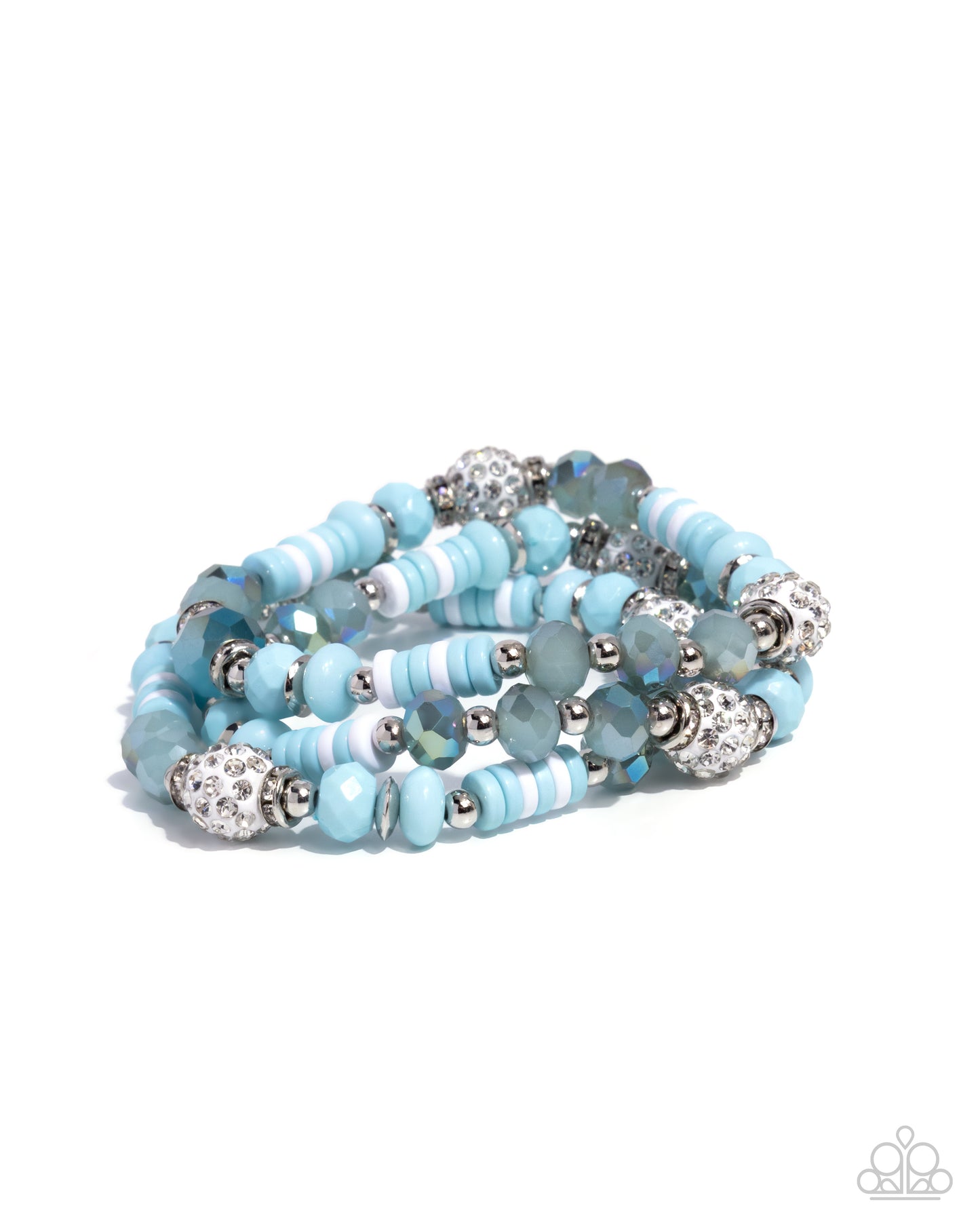 Paparazzi Fun-Loving Freestyle - Blue Limpet Shell Acrylic, Silver & White Rhinestone Set Of 3 Stretch Bracelets B2684