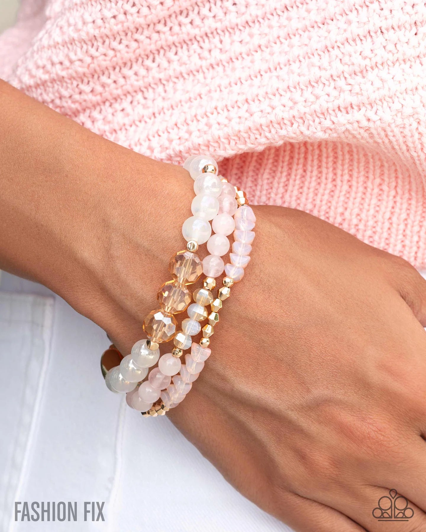 Paparazzi Proper Play - Pink White Gold Bead Stretch Bracelet Glimpses Of Malibu Fashion Fix September 2025 B2549