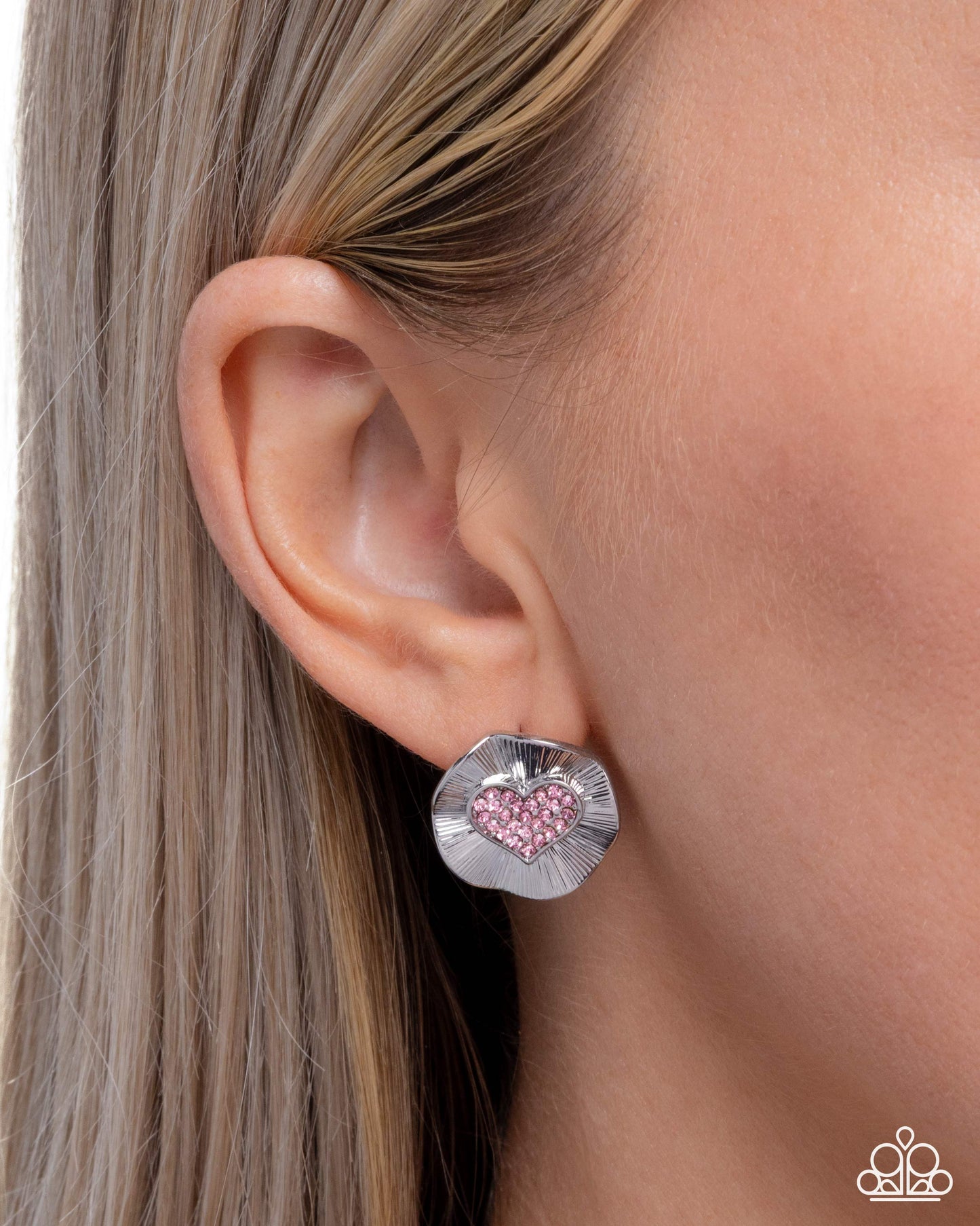Paparazzi Smitten Sunburst - Pink Rhinestone Heart Silver Post Earring E3291
