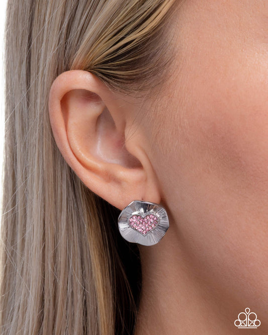 Paparazzi Smitten Sunburst - Pink Rhinestone Heart Silver Post Earring E3291