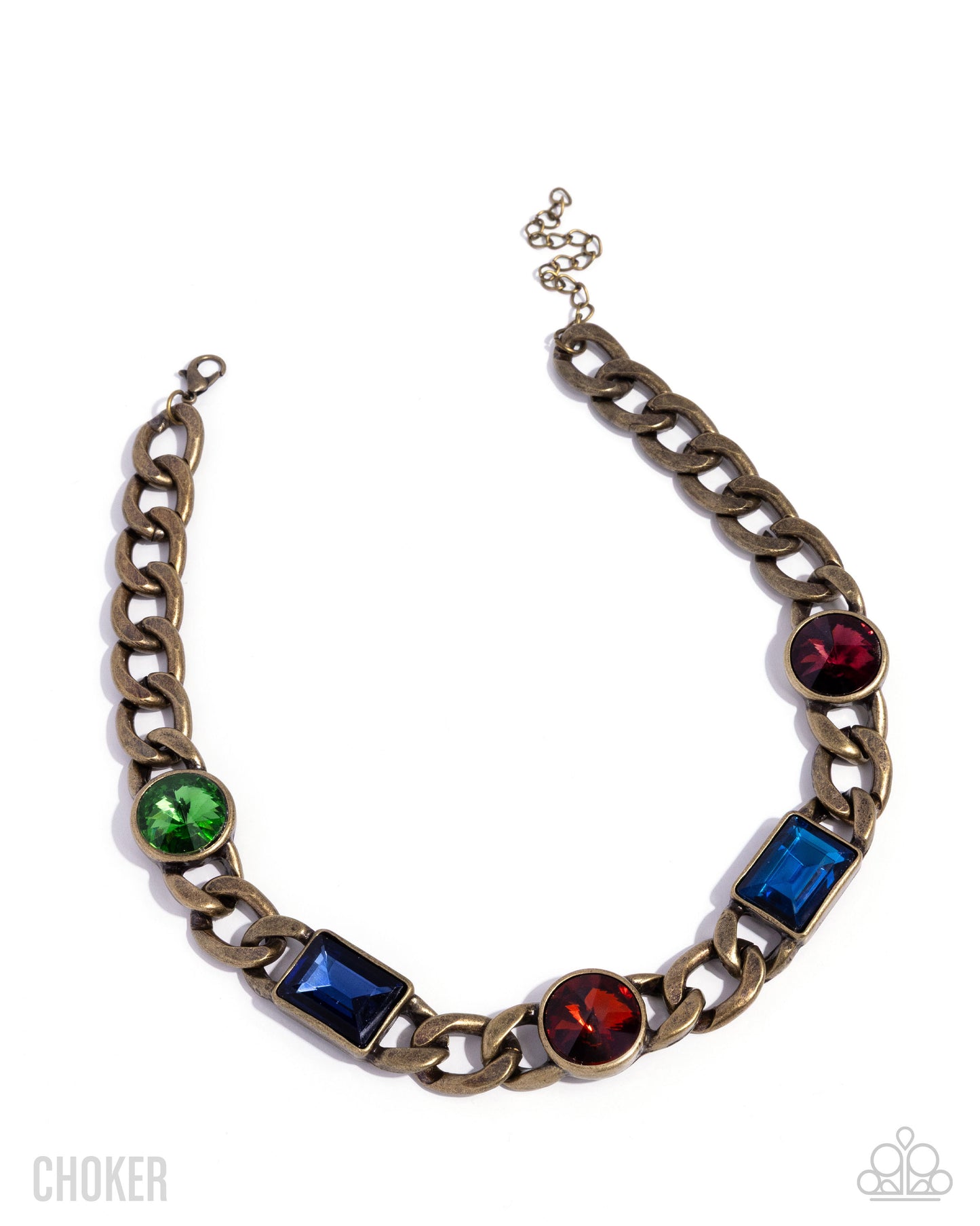 Paparazzi Groundbreaking Glitter - Brass Curb Chain, Red, Blue, Green & Brown Gem Necklace N3871