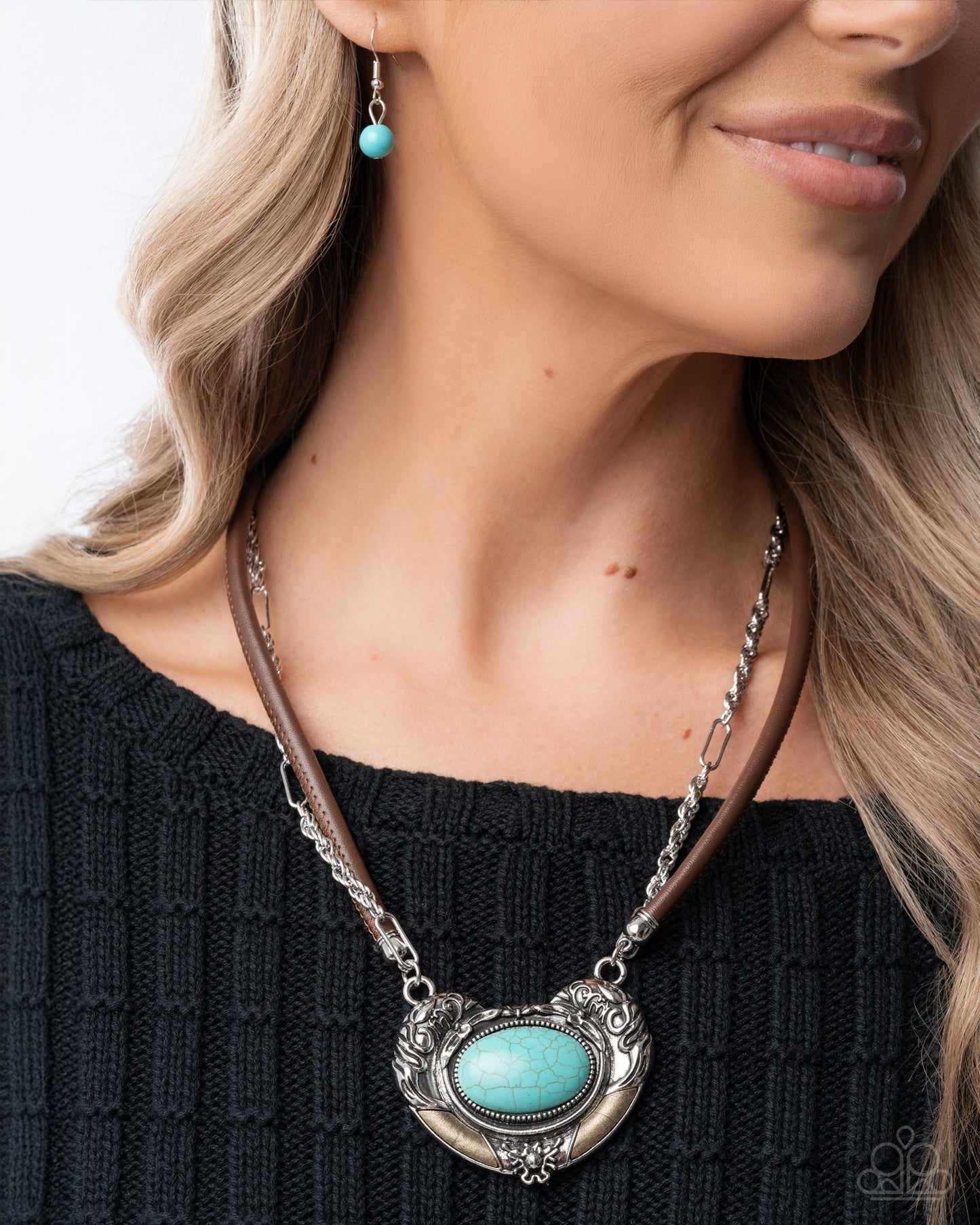 Grounded Gesture - Blue Turquoise Stone Silver Leafy Floral Pendant Necklace Santa Fe Style Paparazzi 2025 Convention Exclusive N3515