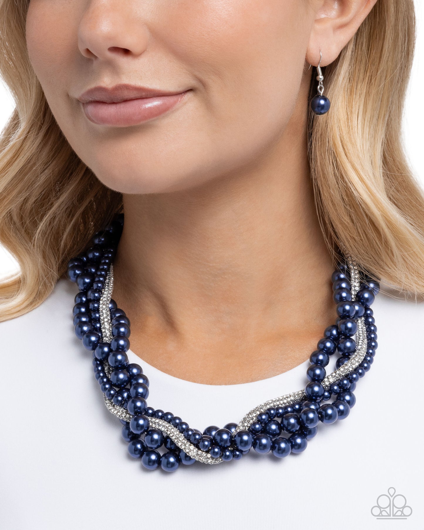 Paparazzi Pearl Pinnacle - Blue Montana Pearl, White Rhinestone Silver Necklace N4015