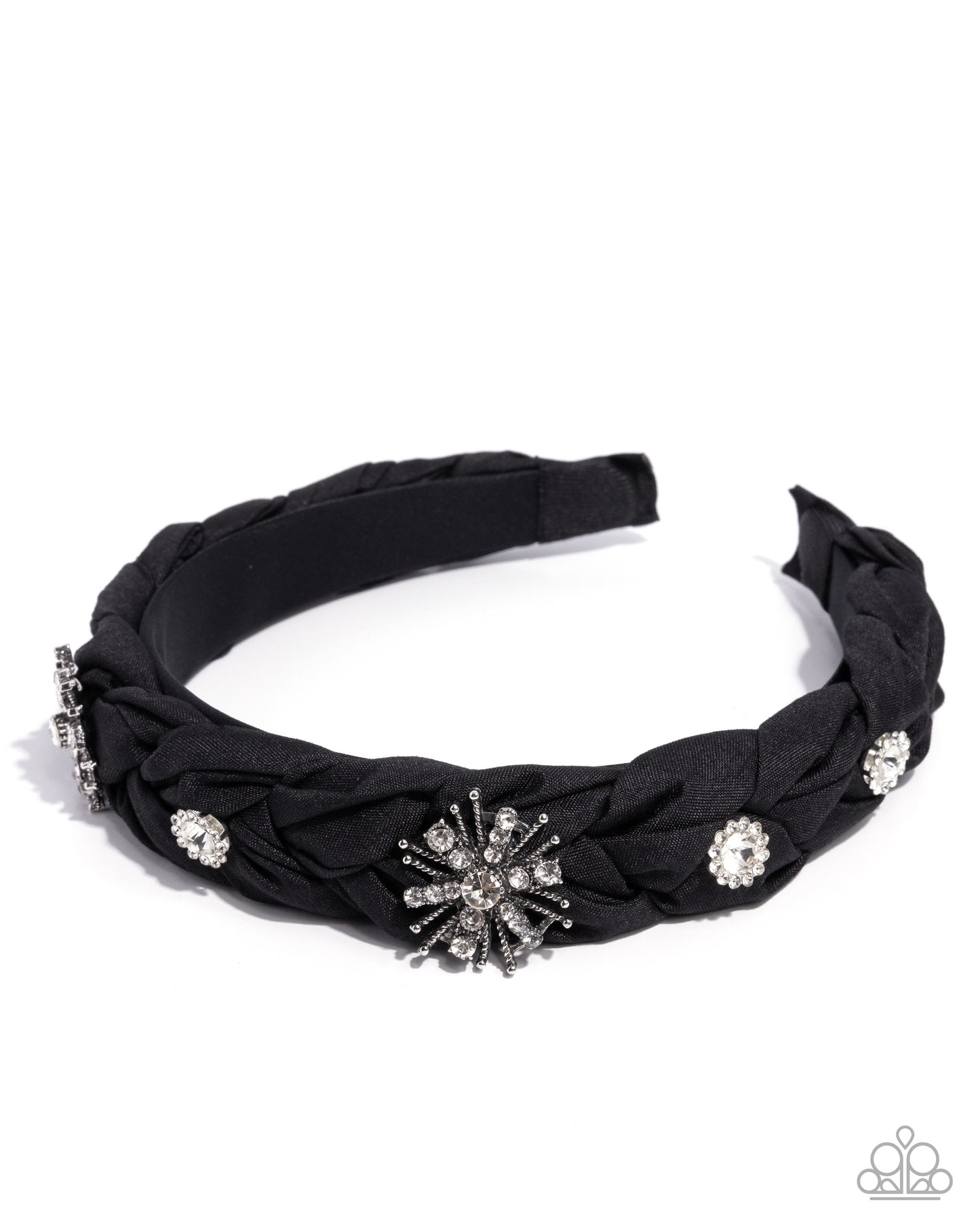 Paparazzi Adorable Accent - Black Ribbon & White Rhinestone, Gem Embellished Floral Headband
