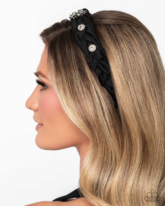 Paparazzi Adorable Accent - Black Ribbon & White Rhinestone, Gem Embellished Floral Headband