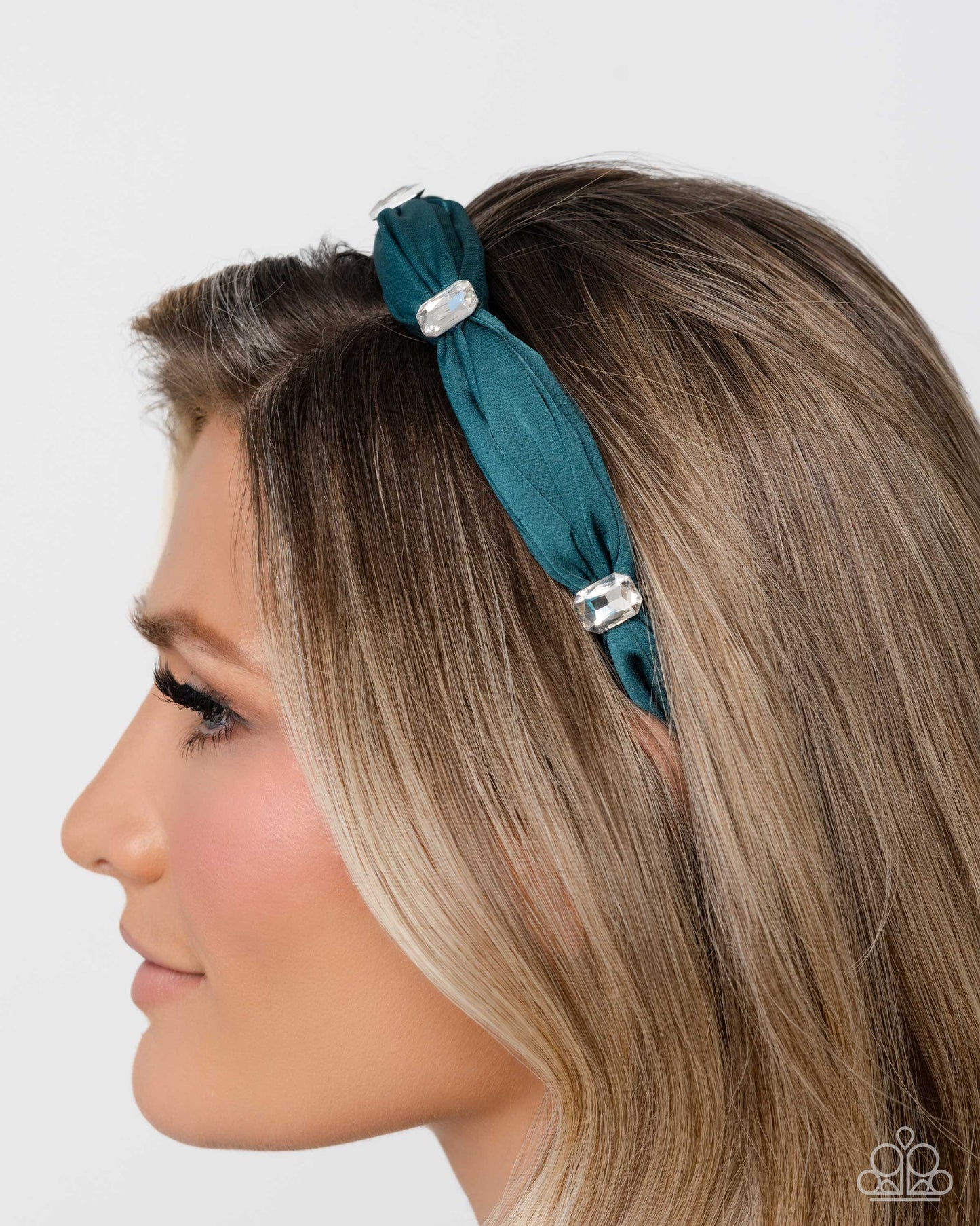 Paparazzi Bourgeois Bling - Green Ribbon & White Gem Soft Headband Hair Accessory H0246