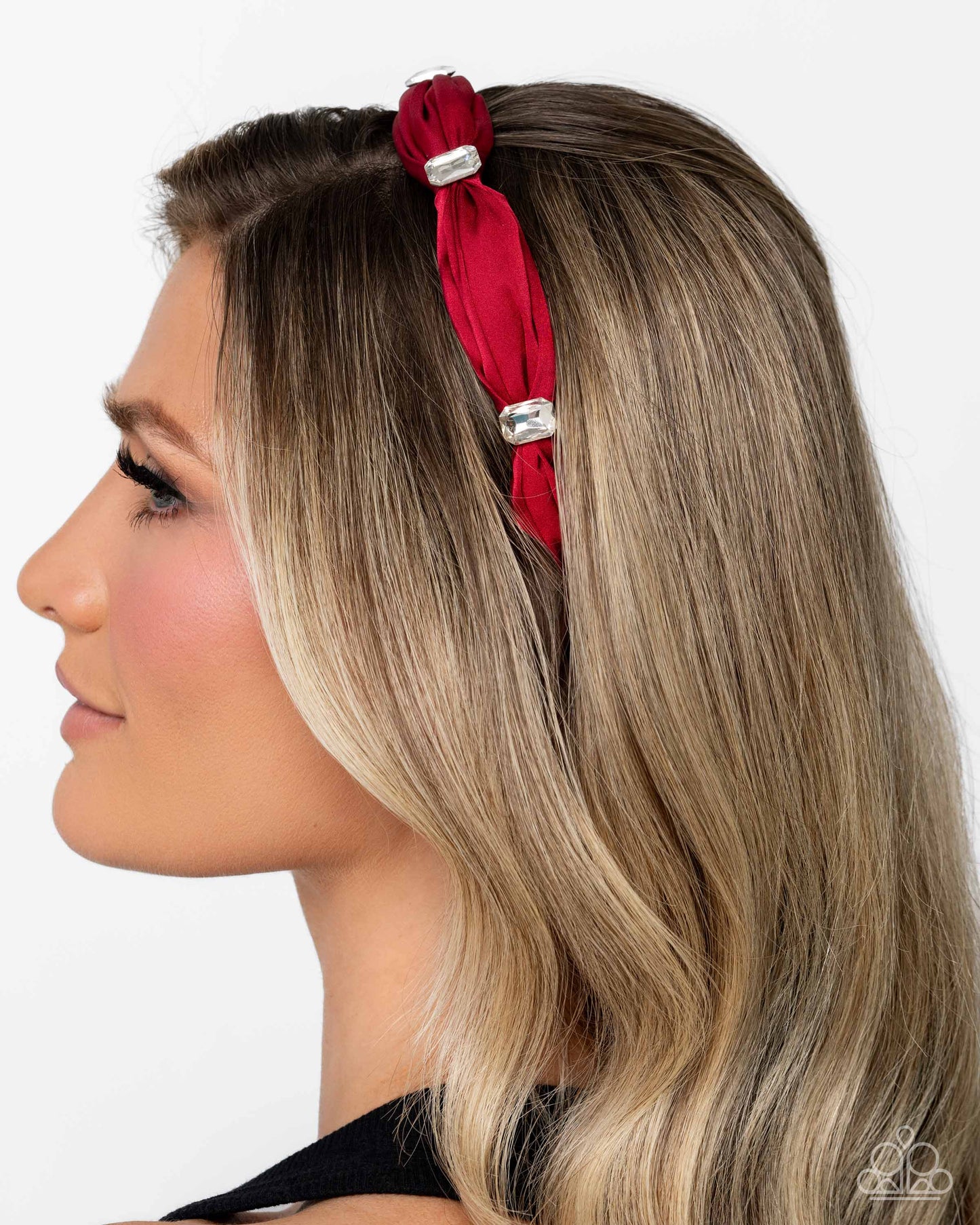 Paparazzi Bourgeois Bling - Red Ribbon & White Emerald Cut Gem Headband Hair Accessory H0248