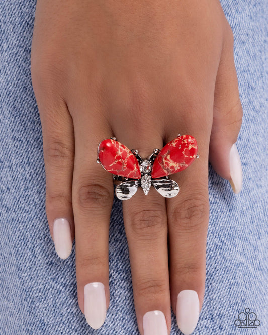 Fluttering Fantasia - Red Marbled Stone & Silver Butterfly Ring Paparazzi R1203
