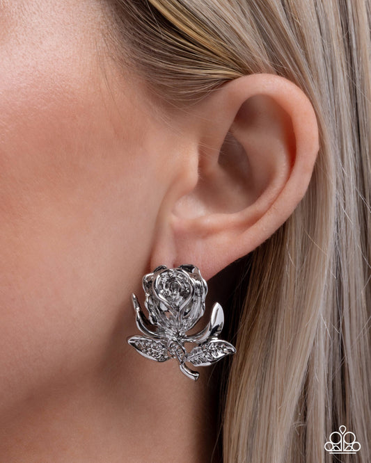 Paparazzi Rose Record - Silver Oversized Rose Earring E3391