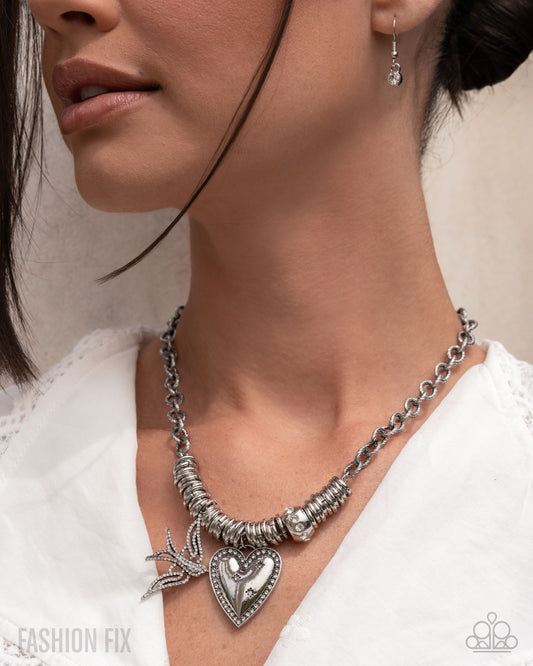 Free-Spirited Freeway - White Rhinestone Silver Heart Padlock, Sparrow Charm Style Necklace Sunset Sightings Fashion Fix August 2025 Paparazzi N3607