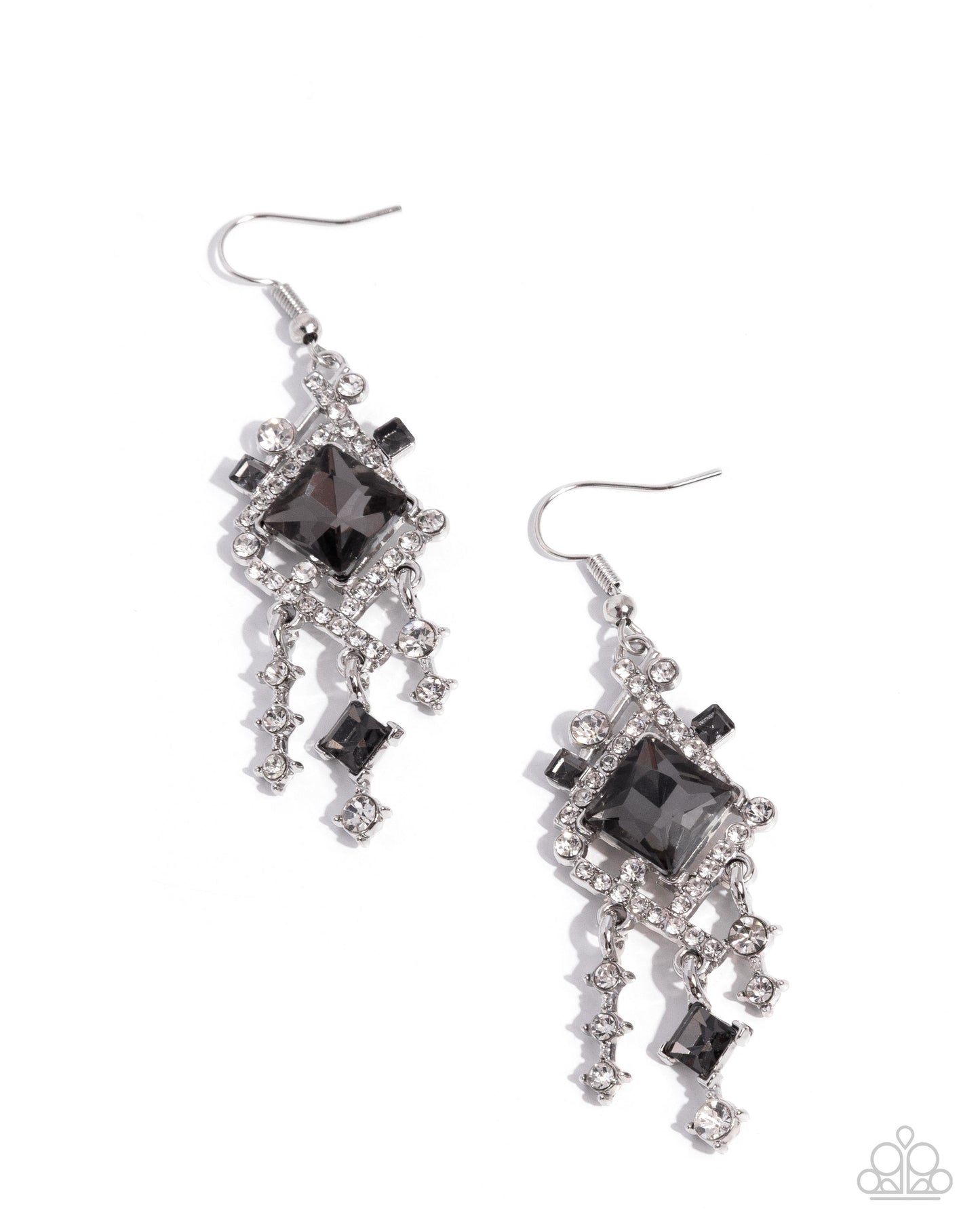 Paparazzi Square Sashay - Silver Bars, White Rhinestones & Smoky Gem Earring