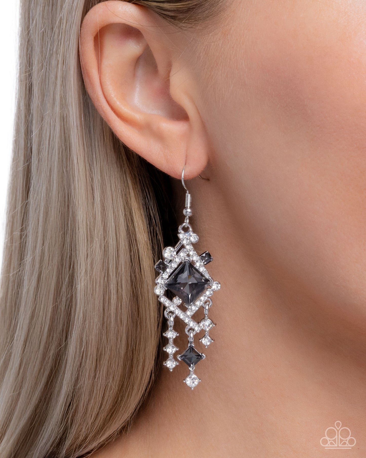 Paparazzi Square Sashay - Silver Bars, White Rhinestones & Smoky Gem Earring