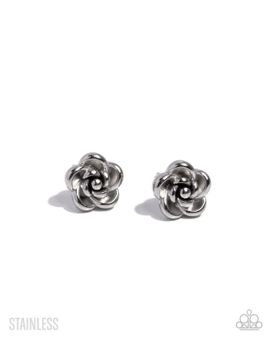 Royal Grounds - Silver Rose Flower Stainless Steel Post Earring Paparazzi E2964