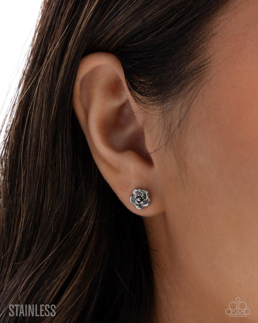 Royal Grounds - Silver Rose Flower Stainless Steel Post Earring Paparazzi E2964