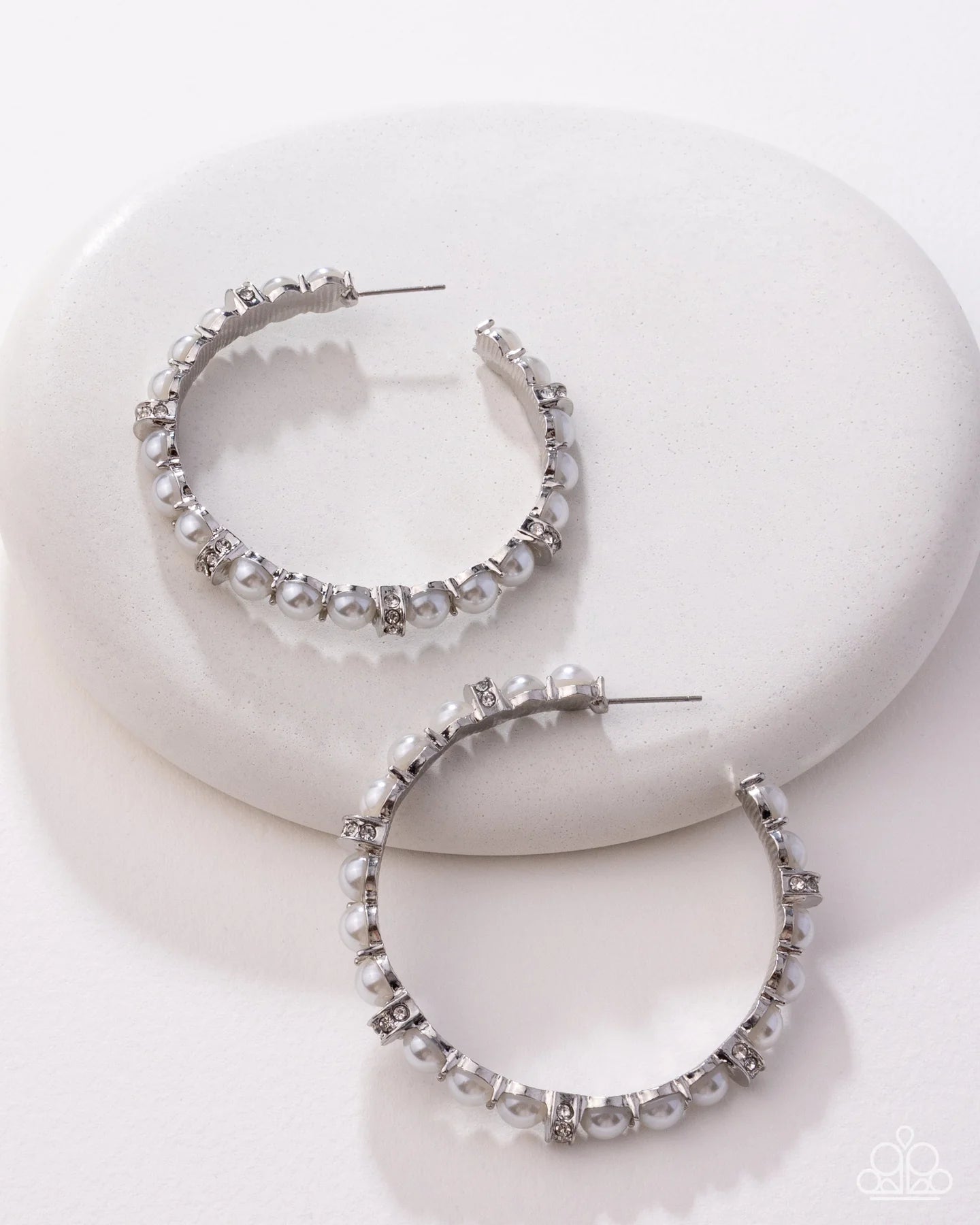 Classical Ballet - White Pearl Rhinestone Silver Hoop Earrings - Blockbuster 2025 Exclusive - Paparazzi E3126