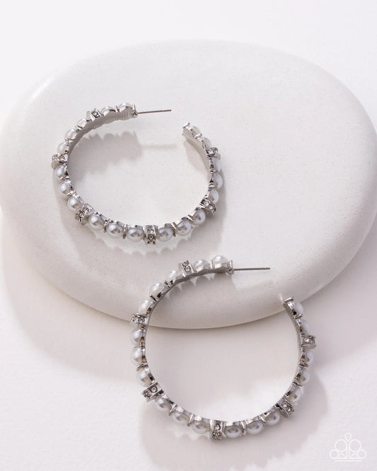 Classical Ballet - White Pearl Rhinestone Silver Hoop Earrings - Blockbuster 2025 Exclusive - Paparazzi E3126