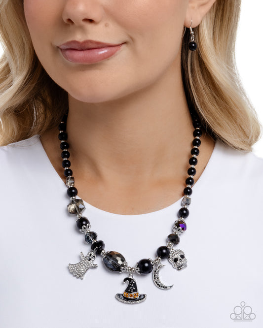 Frightening Facets - Multi Black & Silver Bead Witches Hat, Ghost, Skull, Moon Halloween Charm Necklace Paparazzi N3635