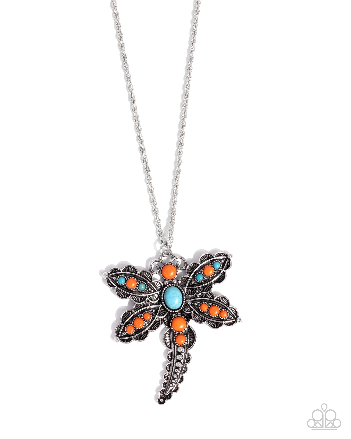 Paparazzi Dauntless Dragonfly - Orange, Turquoise, Silver Dragonfly Necklace N3839