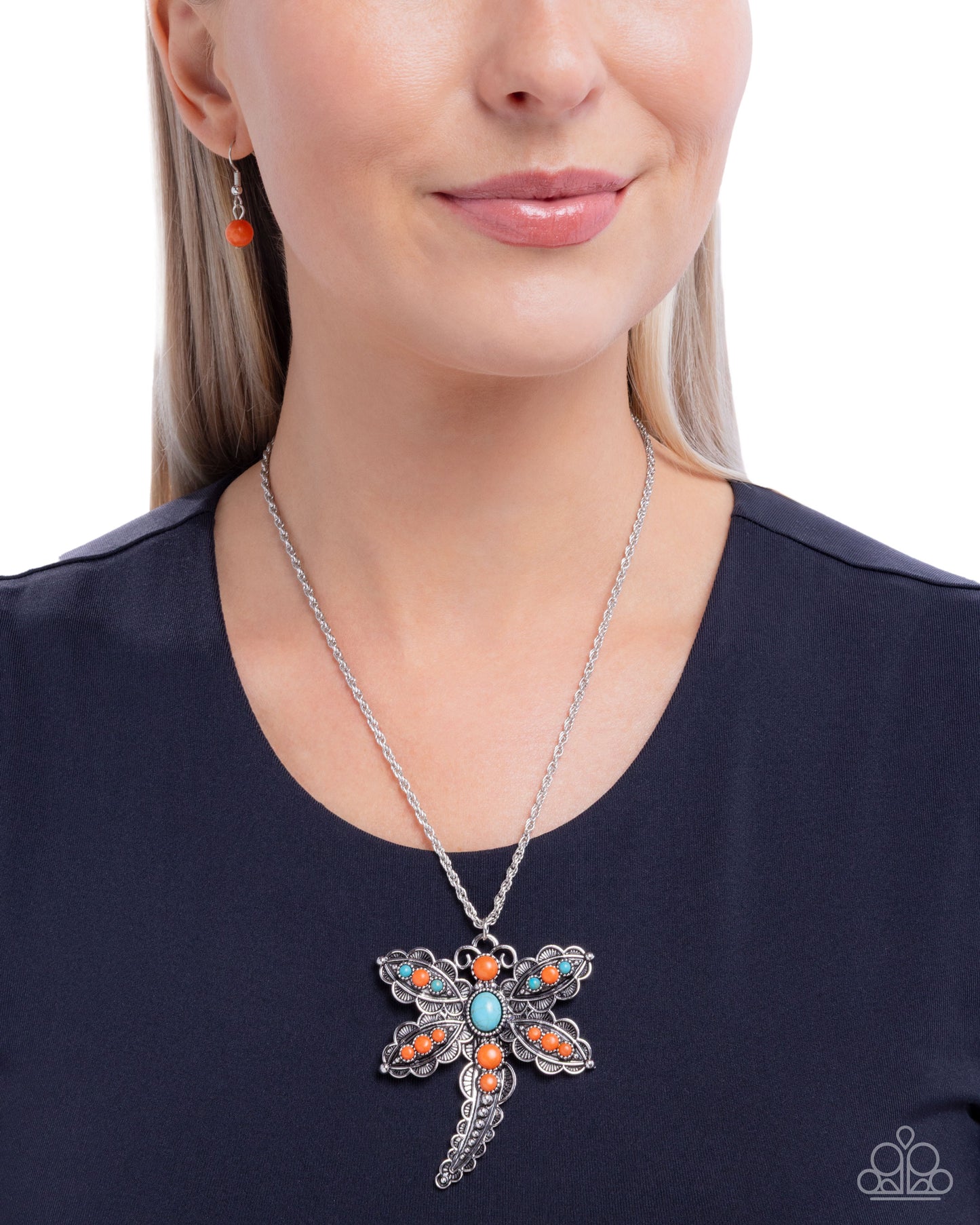 Paparazzi Dauntless Dragonfly - Orange, Turquoise, Silver Dragonfly Necklace N3839