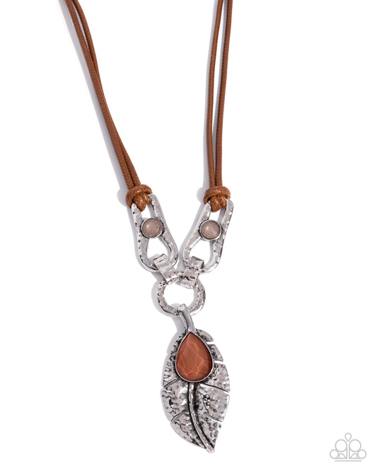 Fierce Feather - Brown Cracked Gem Silver Hammered Silver Leaf Necklace Paparazzi