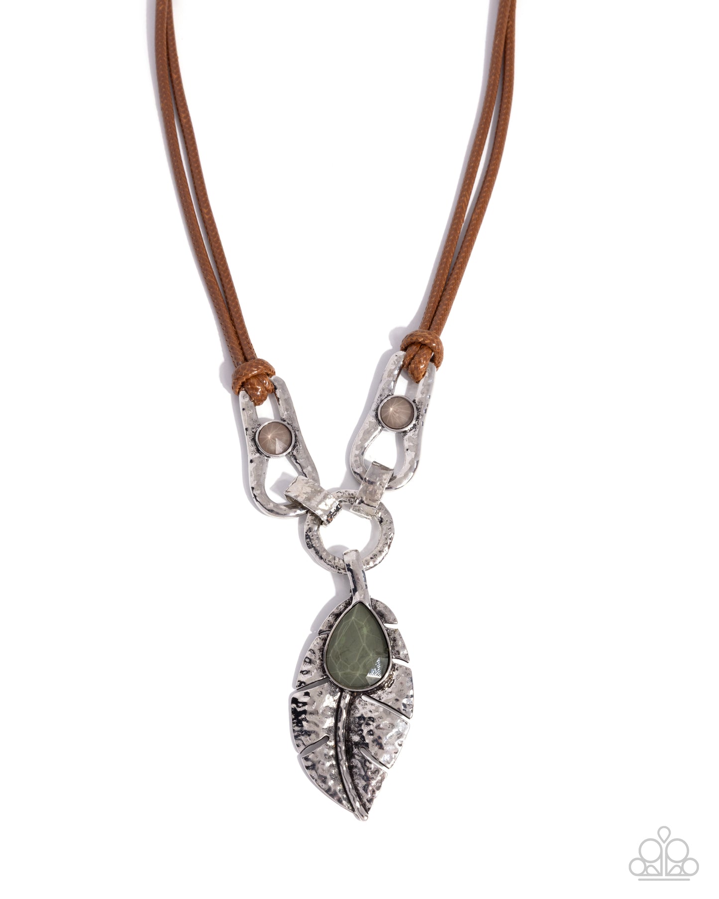 Fierce Feather - Green Cracked Style Teardrop Gem & Hammered Silver Leaf Corded Necklace Paparazzi N3615