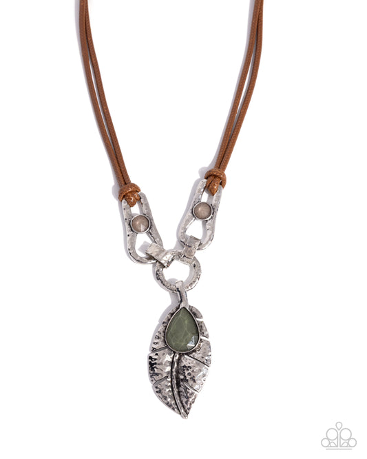 Fierce Feather - Green Cracked Style Teardrop Gem & Hammered Silver Leaf Corded Necklace Paparazzi N3615