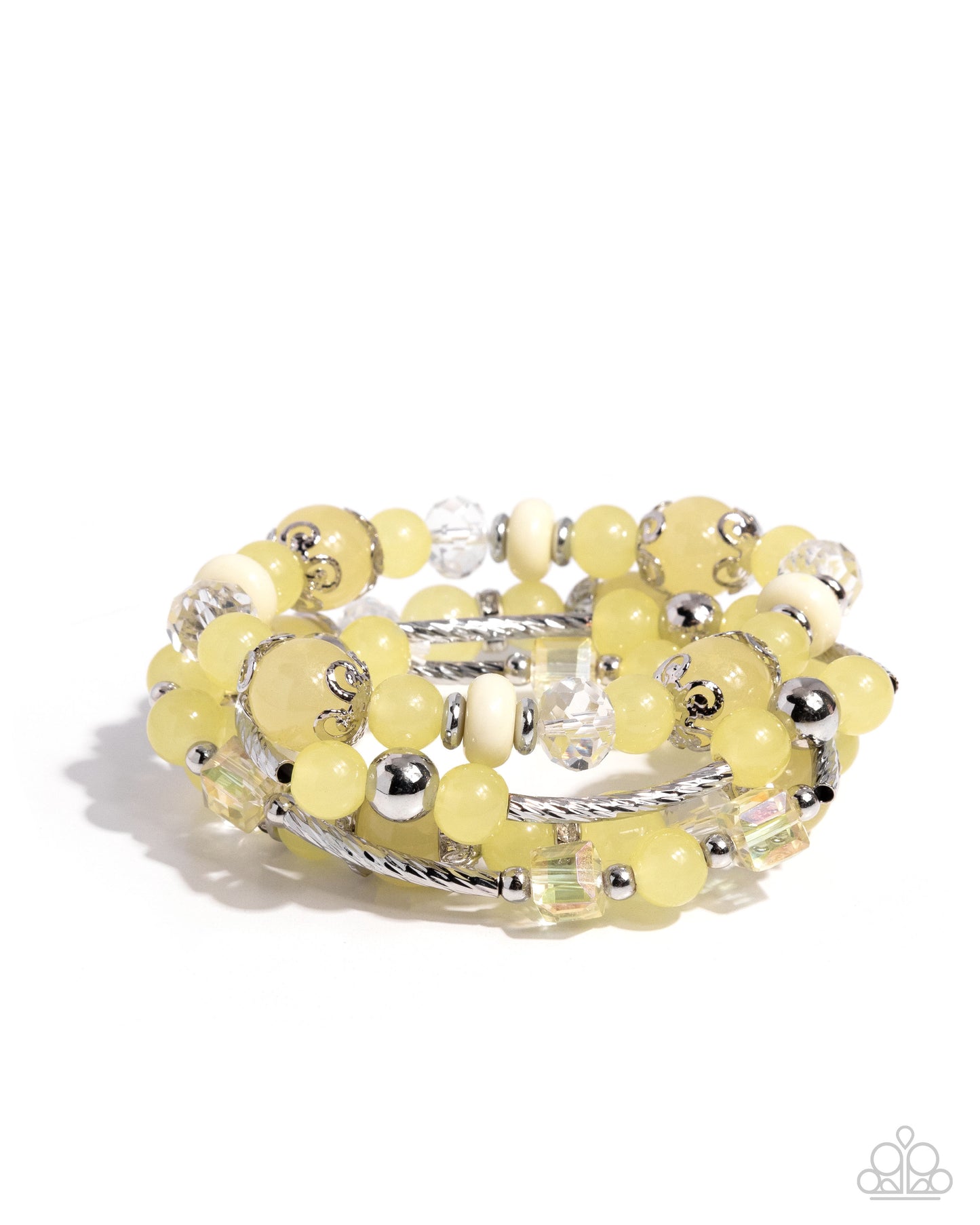 Endearing Ease - Yellow Primrose, Silver, White Rhinestone Stretch Bracelet Set of 4 Paparazzi B2422