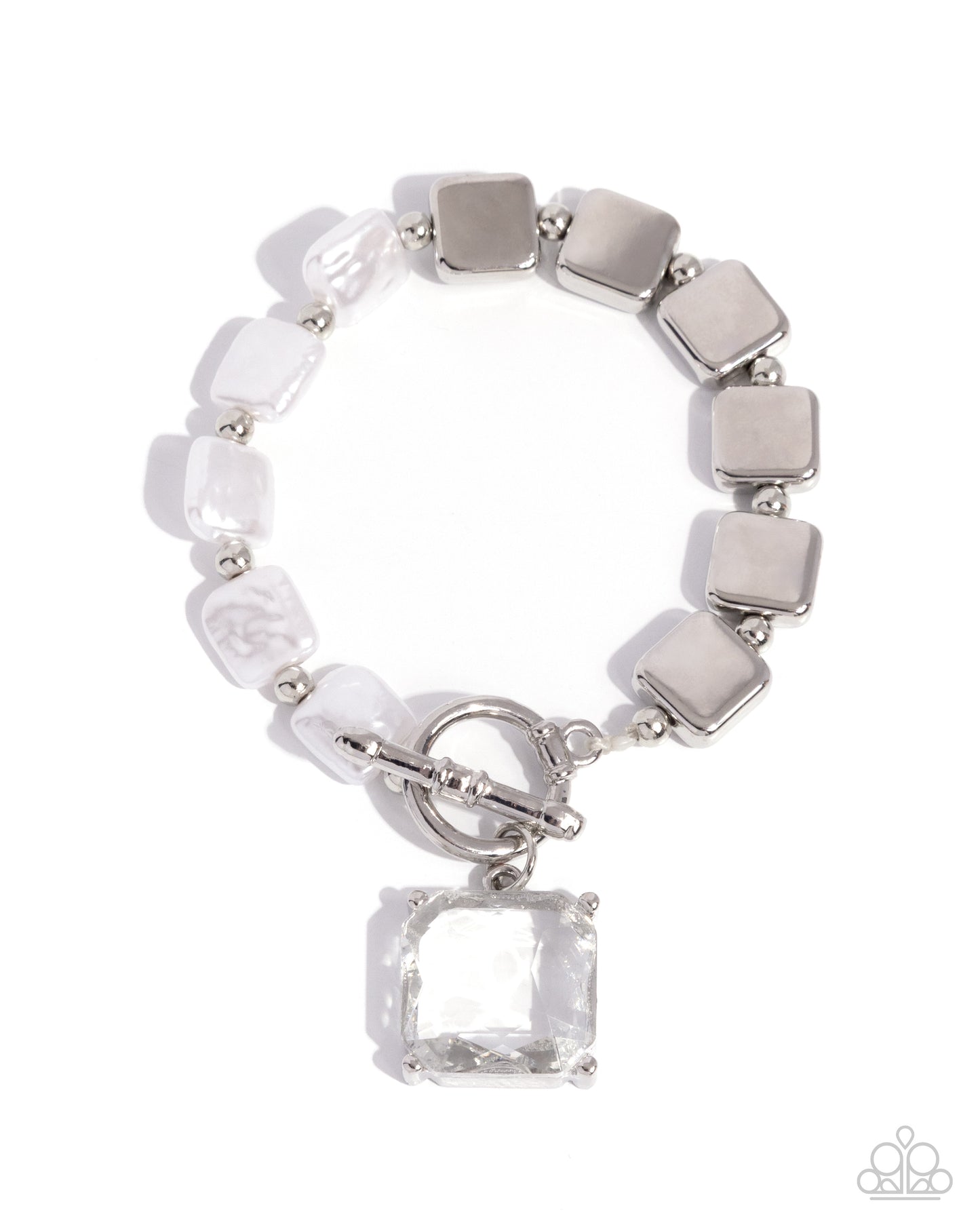 Paparazzi Mismatched Season - White Baroque Pearly Squares, Silver Toggle Bracelet B2492