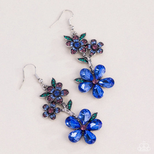 Breathtaking Bloom - Blue Gem Silver Flower Earrings Life Of The Party September 2025 Paparazzi E3097
