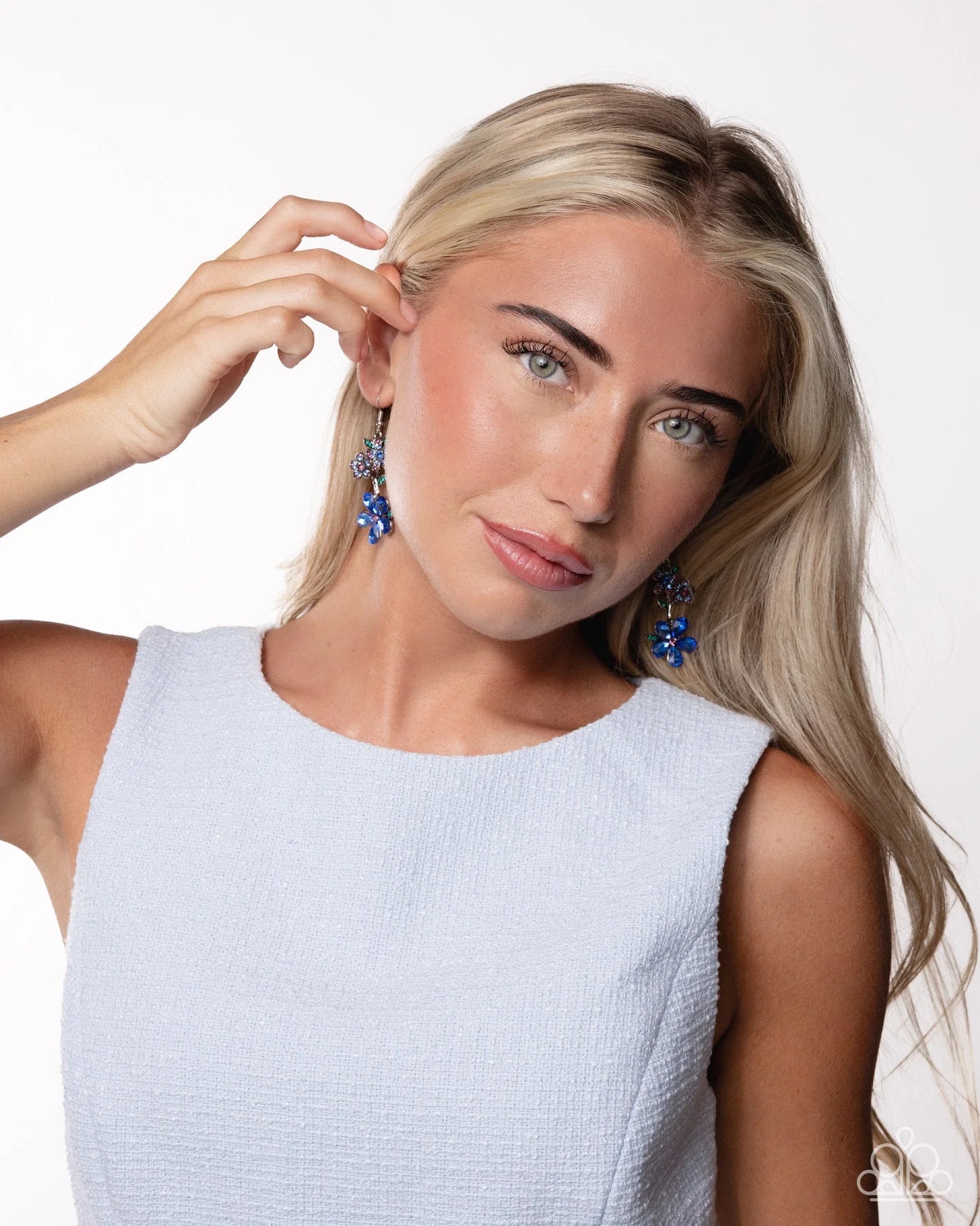 Breathtaking Bloom - Blue Gem Silver Flower Earrings Life Of The Party September 2025 Paparazzi E3097